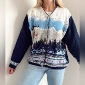 Vintage Northern Reflections 80's Scenic Mountain Ski Knit Cardigan Sz Large